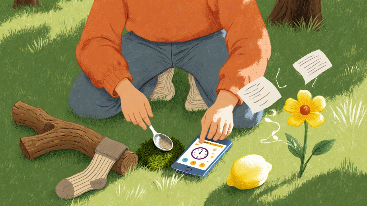 Adult playing a nature matching game with kitchen items among plants and flowers.