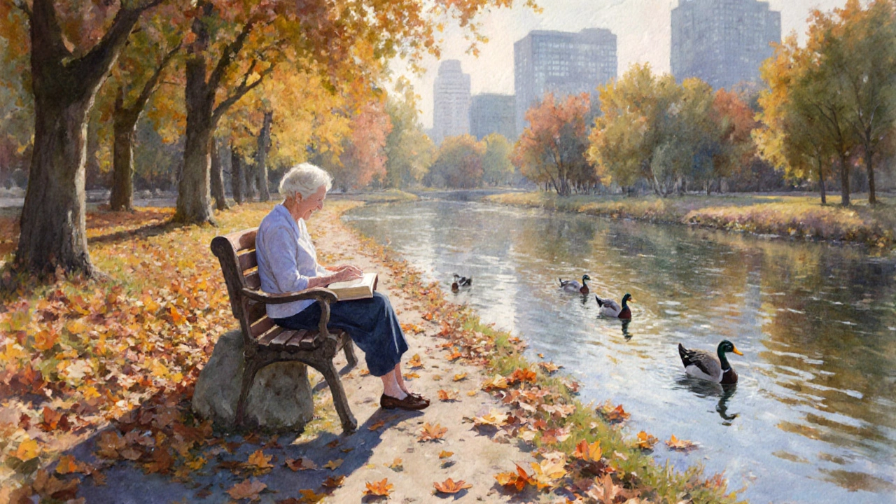 An elderly woman sitting quietly by a creek in a city park, surrounded by autumn leaves.