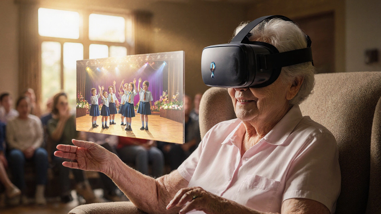 An elderly woman smiling in VR, watching her grandchildren’s school play from home.