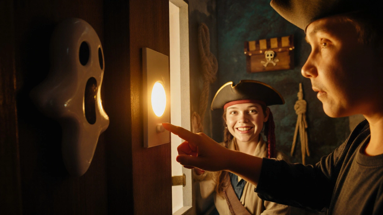 Child pressing an emergency button as staff offers a pirate hat in a suddenly lit room.