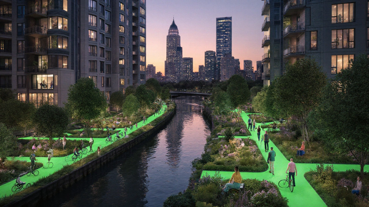 City skyline with glowing green pathways connecting urban parks and people enjoying nature.
