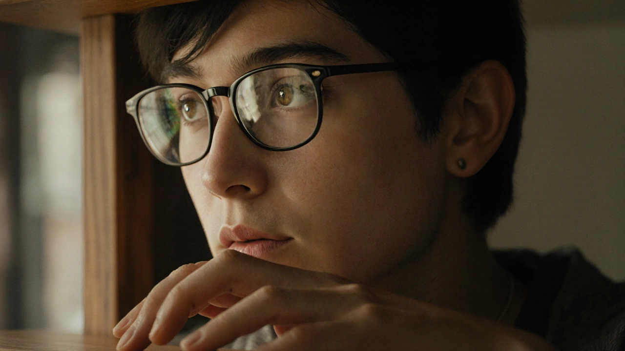 Close-up of hands touching wood and eyes scanning a room, person using grounding technique to stay calm under pressure.
