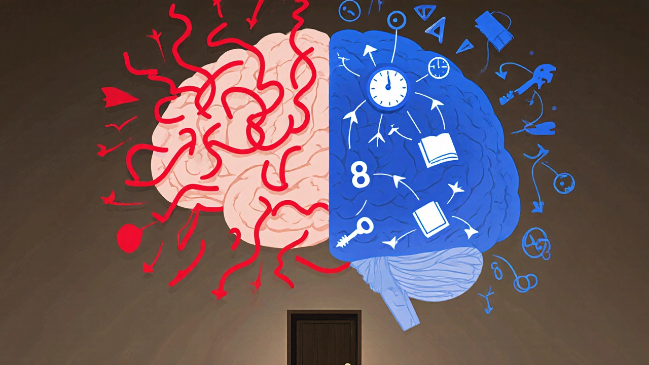 Conceptual split brain: one side chaotic panic, the other calm logic paths connecting escape room clues.