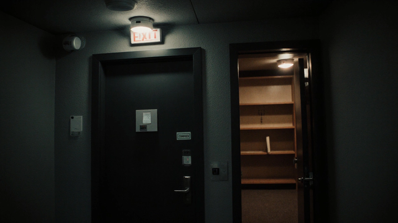 Escape room with two exits: one locked door and another hidden behind a glowing bookshelf.