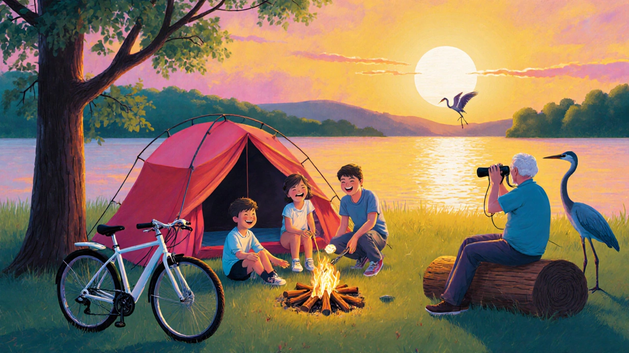 Family camping at a lakeside sunset, with children roasting marshmallows and an e-bike nearby.