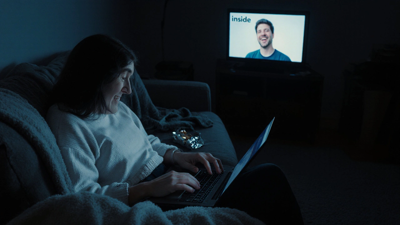 Person watching comedy on laptop in dark room, tearful smile.