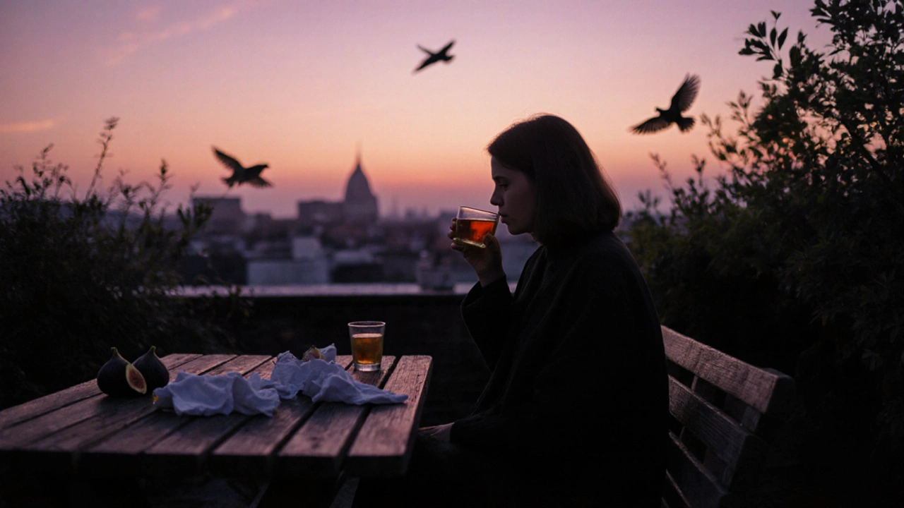 Solitary person sitting quietly on a rooftop at dusk, enjoying tea as the sky changes color.