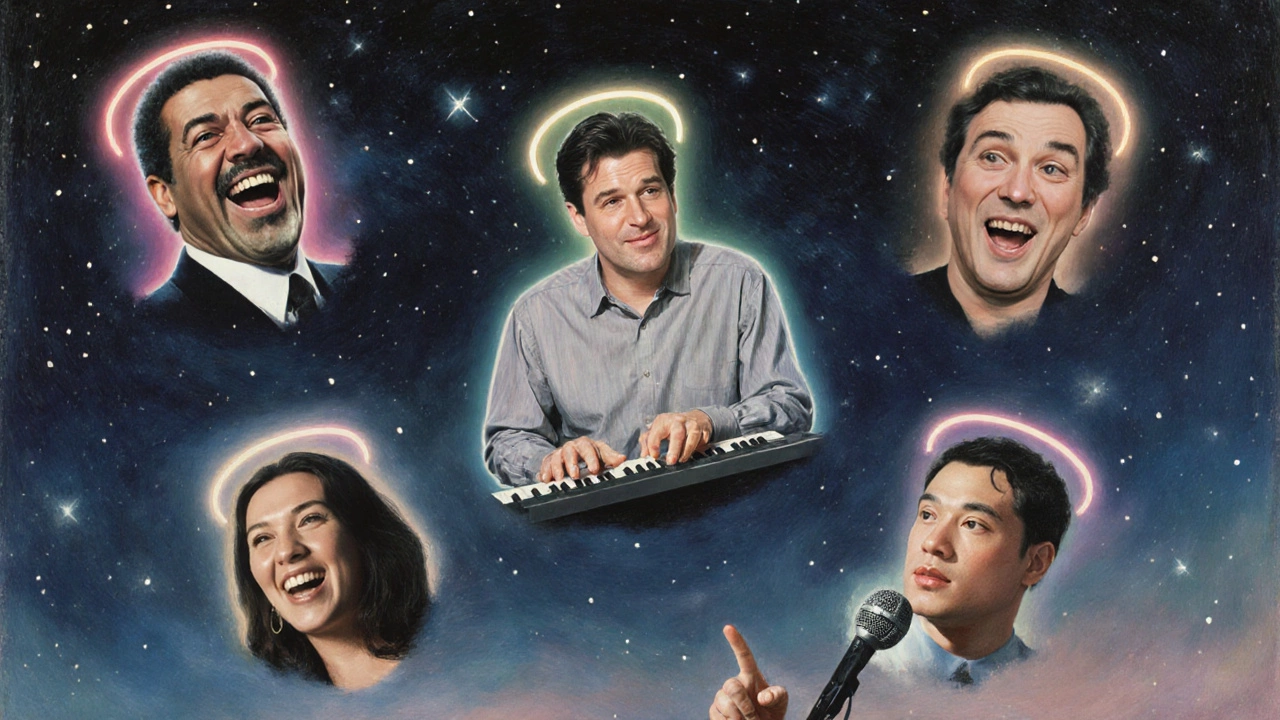 Surreal collage of famous comedians glowing in a starry sky.