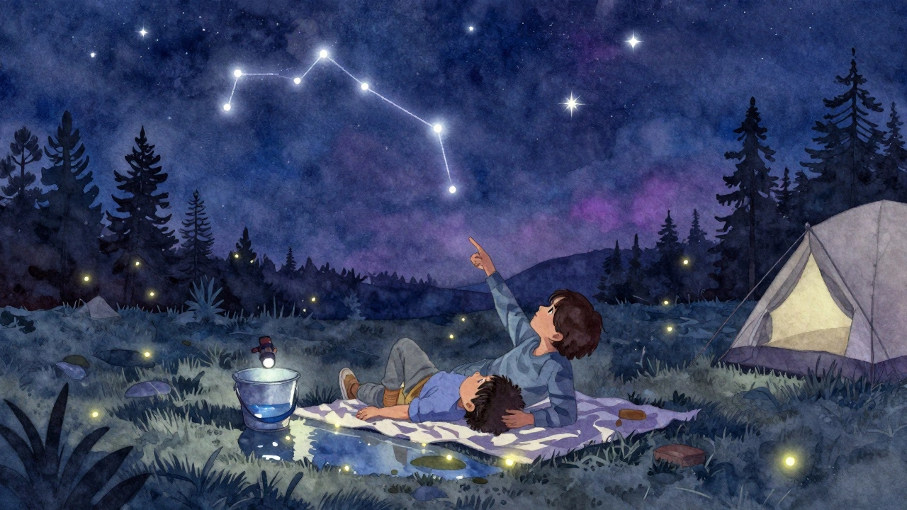 A child stargazing on a blanket with a flashlight and puddle reflections.