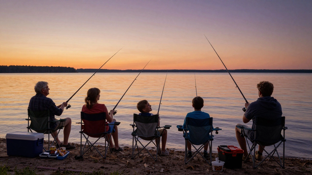 A family enjoying a sunset fishing trip by a lakeside, children and elders together with fishing rods.