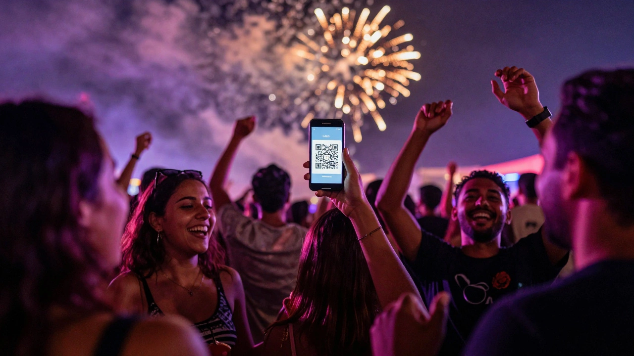 A joyful crowd at a music festival, one person holding up a smartphone with a glowing QR code under neon lights.