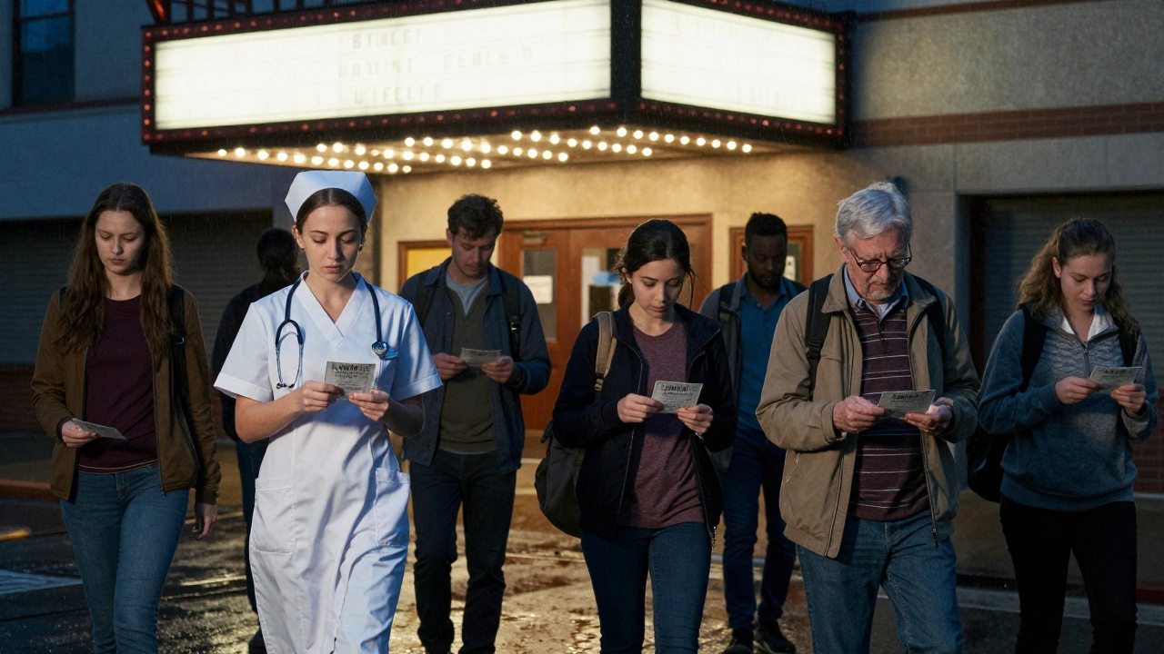 A nurse, student, and retiree entering a theatre at night under a glowing marquee.