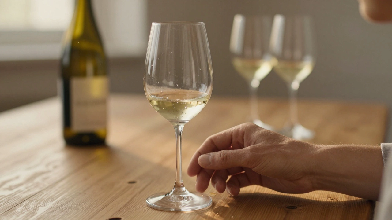 A person gently swirling wine in a glass, noticing the legs forming on the inside.