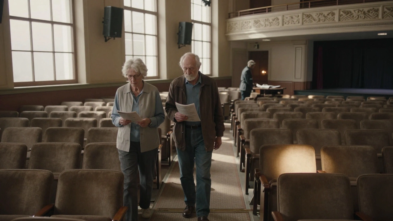 A quiet Sunday matinee ends as a couple exits an empty theater aisle.