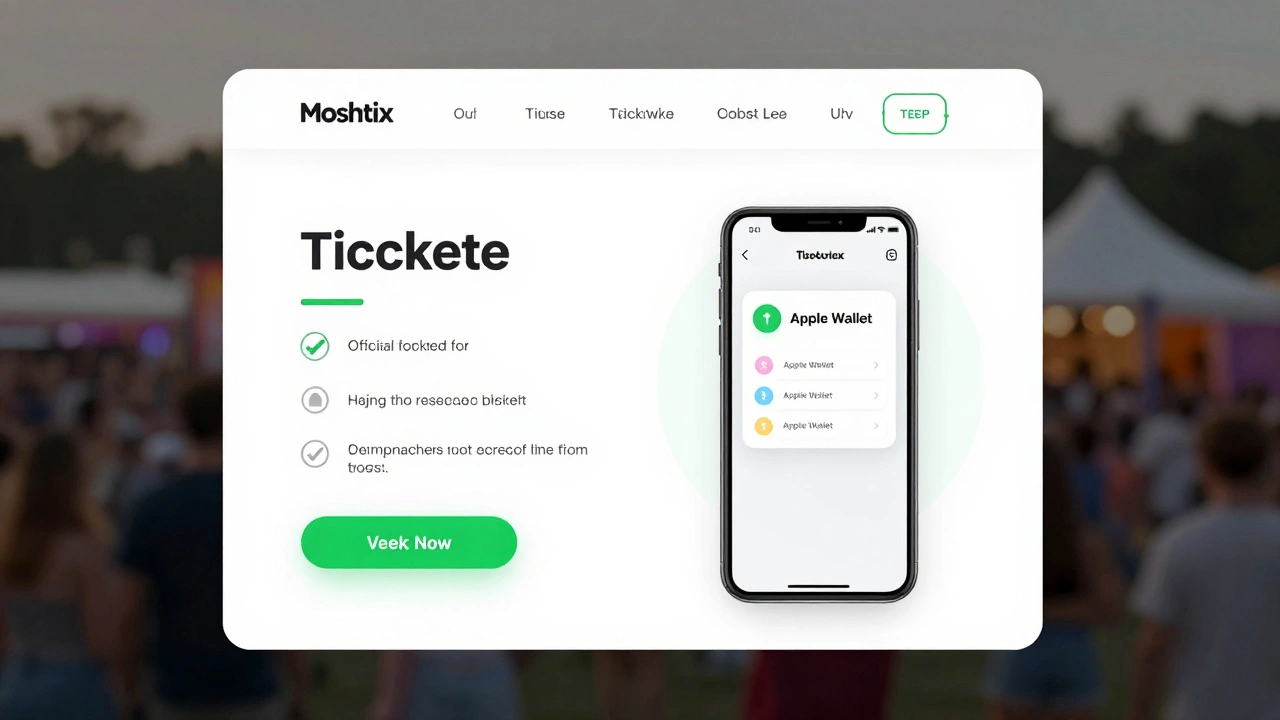 A secure digital ticket on a smartphone in Apple Wallet, displayed on a clean official ticketing platform interface.
