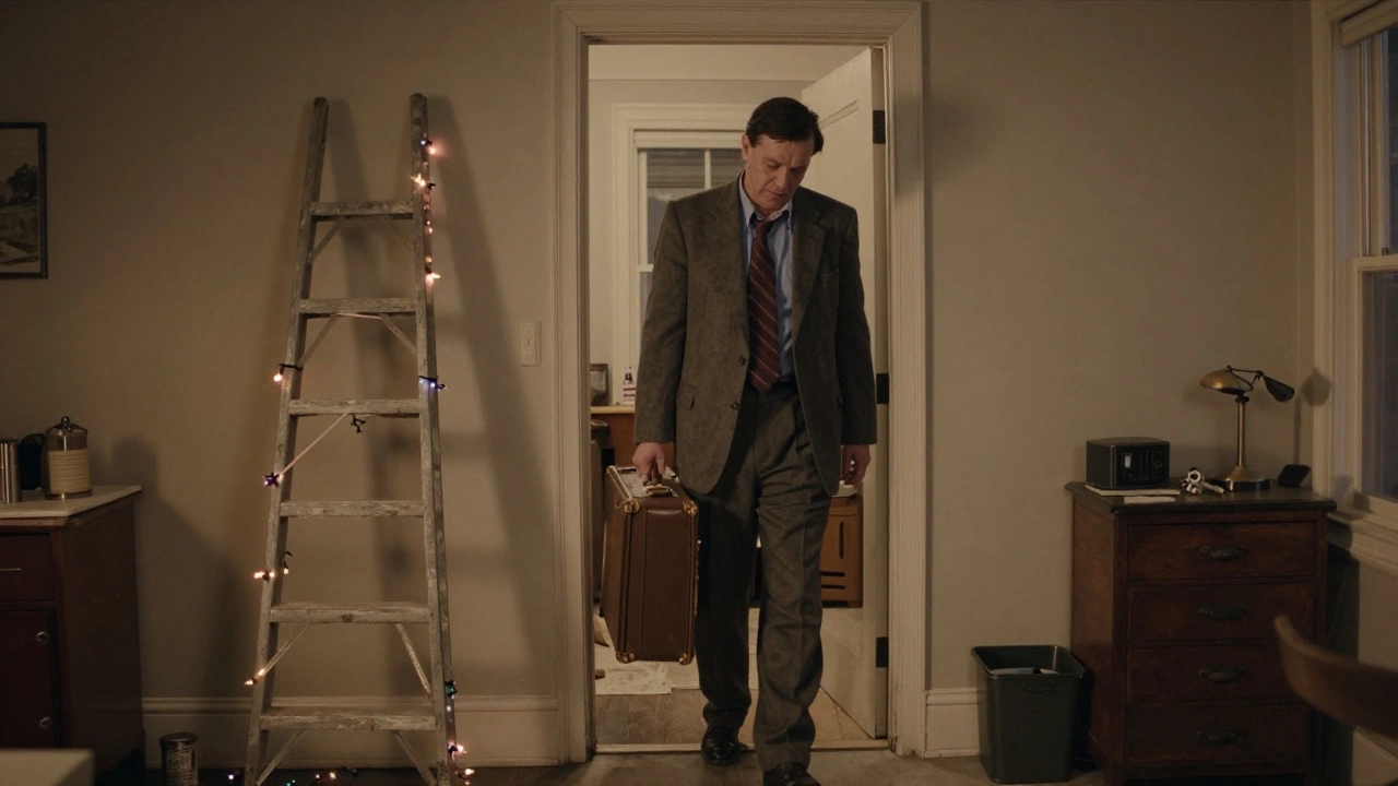 A weary man enters his home at dusk, suitcase in hand, surrounded by quiet domestic clutter.