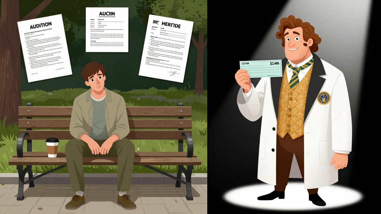 Actor on park bench with audition papers beside them, same person in costume on stage.