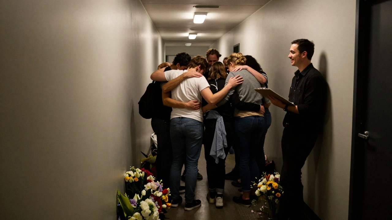 Cast members hugging backstage after a performance, surrounded by flowers and dim emergency lighting.