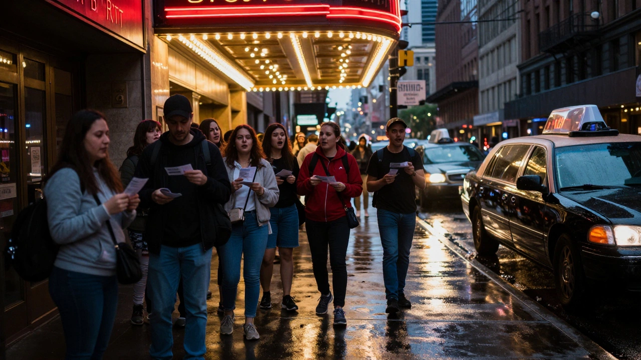 Crowds gather outside a Broadway theater on a rainy Friday night under glowing marquee lights.