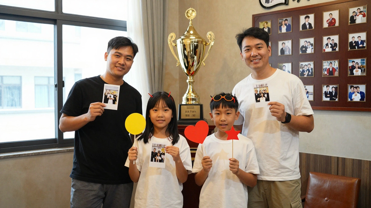 Family poses with photos and trophy after successfully escaping a themed room.