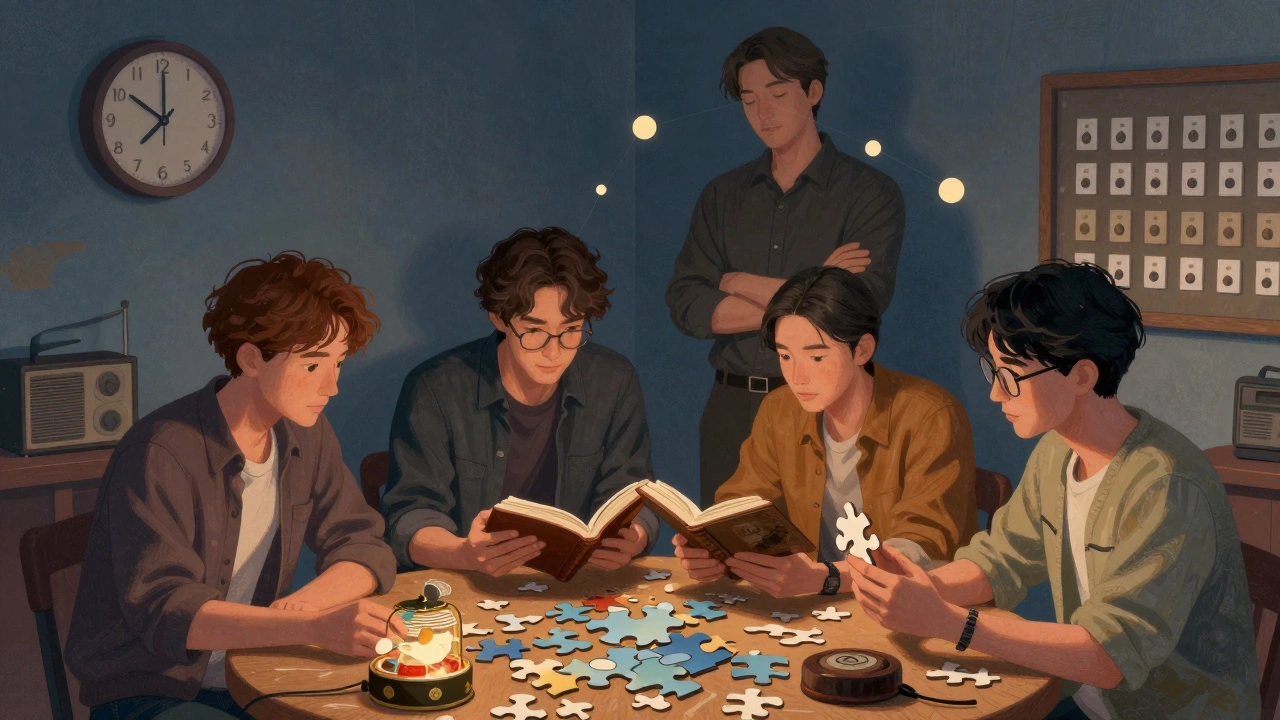 Four team members in an escape room each perform a distinct role while surrounded by interconnected clues.