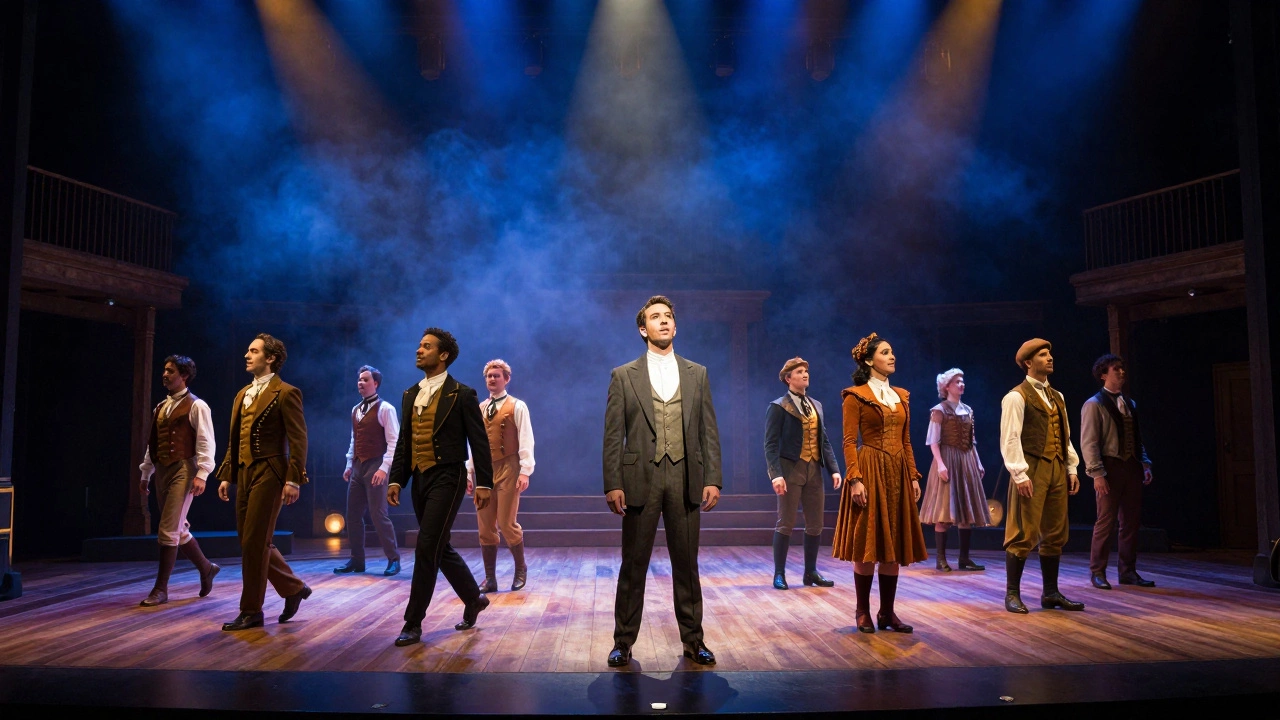 Hamilton cast performing on stage with dramatic lighting and rotating set.