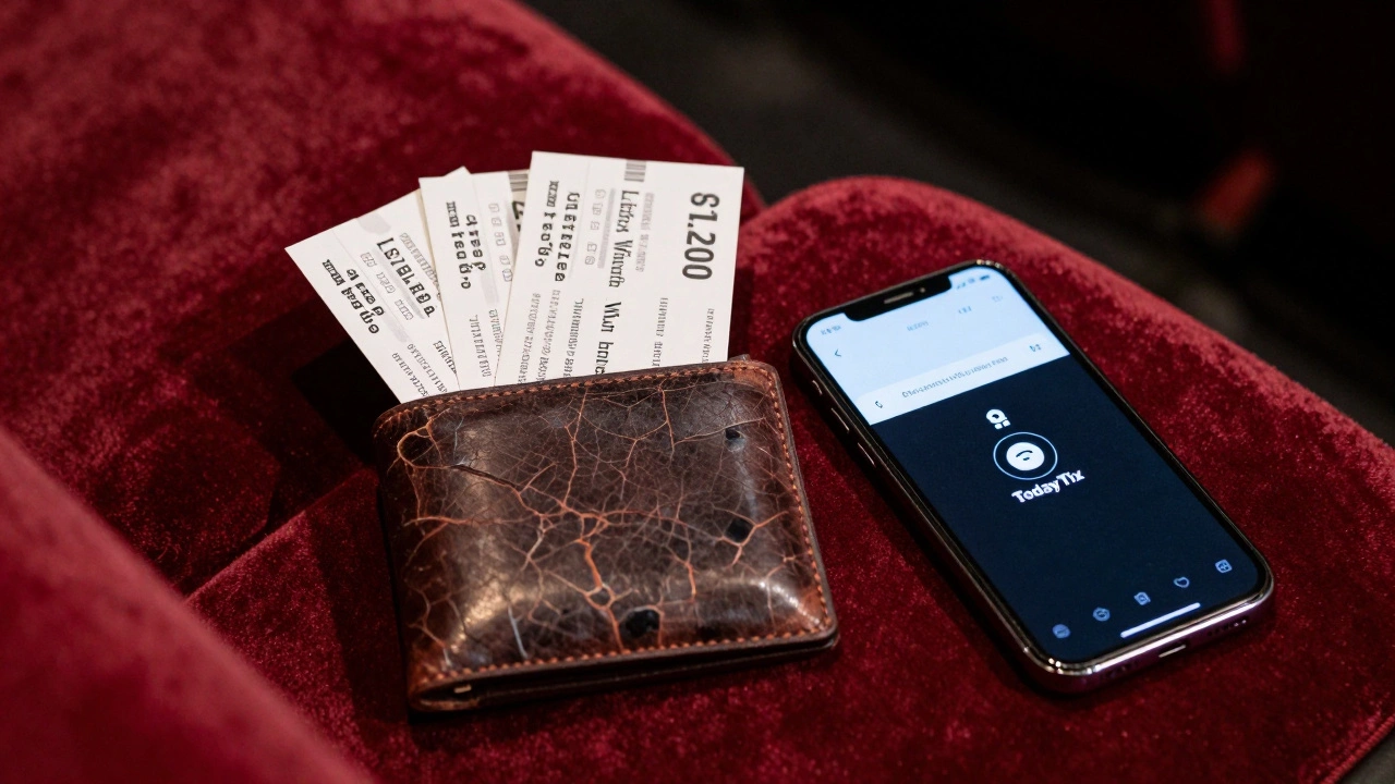 Hamilton tickets spilled from a wallet beside a sold-out phone screen.