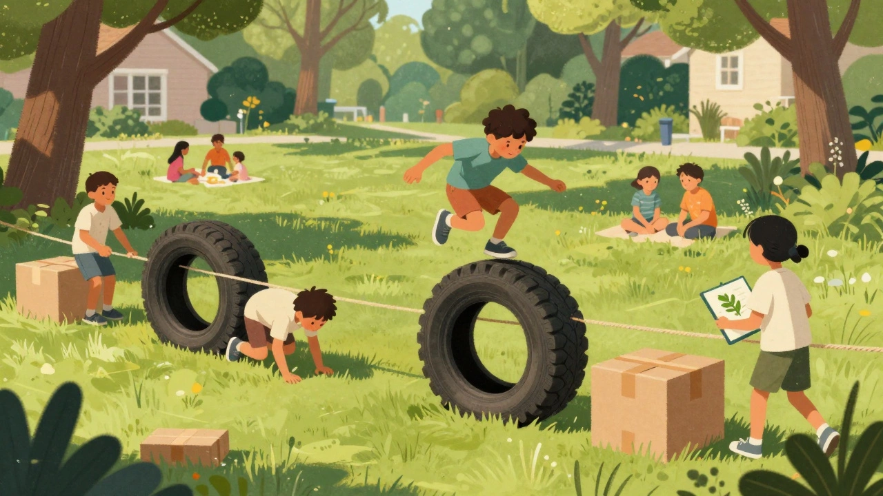 Kids playing an improvised obstacle course with tires and ropes in a park.