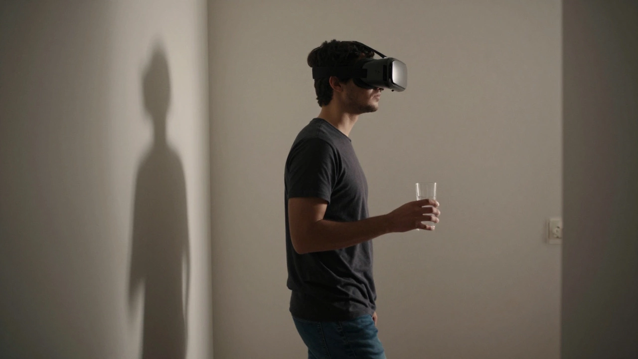 Person walking slowly after VR use, focusing on a fixed object while drinking cold water to recover.