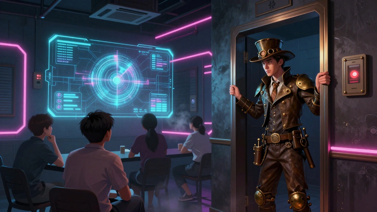 Professional actor in steampunk attire watches players in a high-tech escape room with neon lights and holograms.