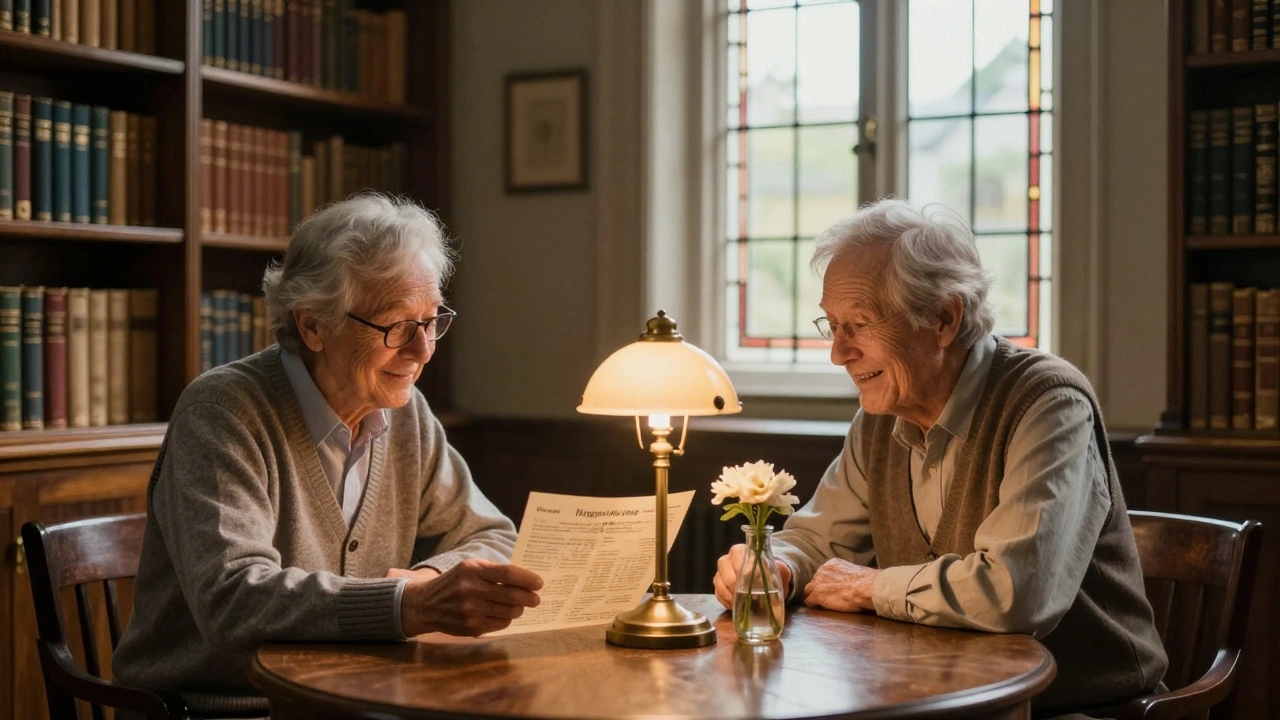 Senior adults calmly examining a large-print clue in a peaceful Victorian library escape room under soft lamplight.