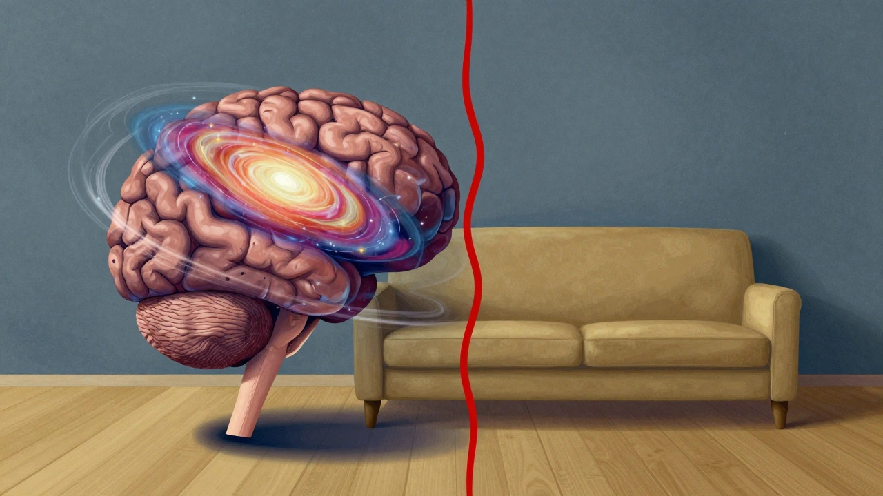 Split-brain illustration showing VR motion on one side and still reality on the other, symbolizing sensory conflict.