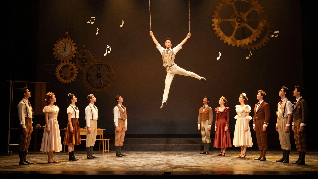 Swing performer mid-leap between rehearsal and performance scenes, musical notes swirling around.