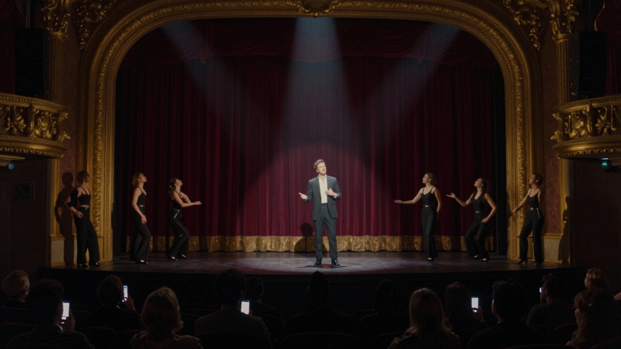 The lead actor on stage as the curtain rises, spotlighted amid a frozen ensemble and silent audience.