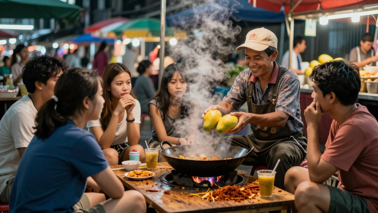 Travelers enjoy street food in Bangkok with a local vendor showing them how to select ripe mangoes.