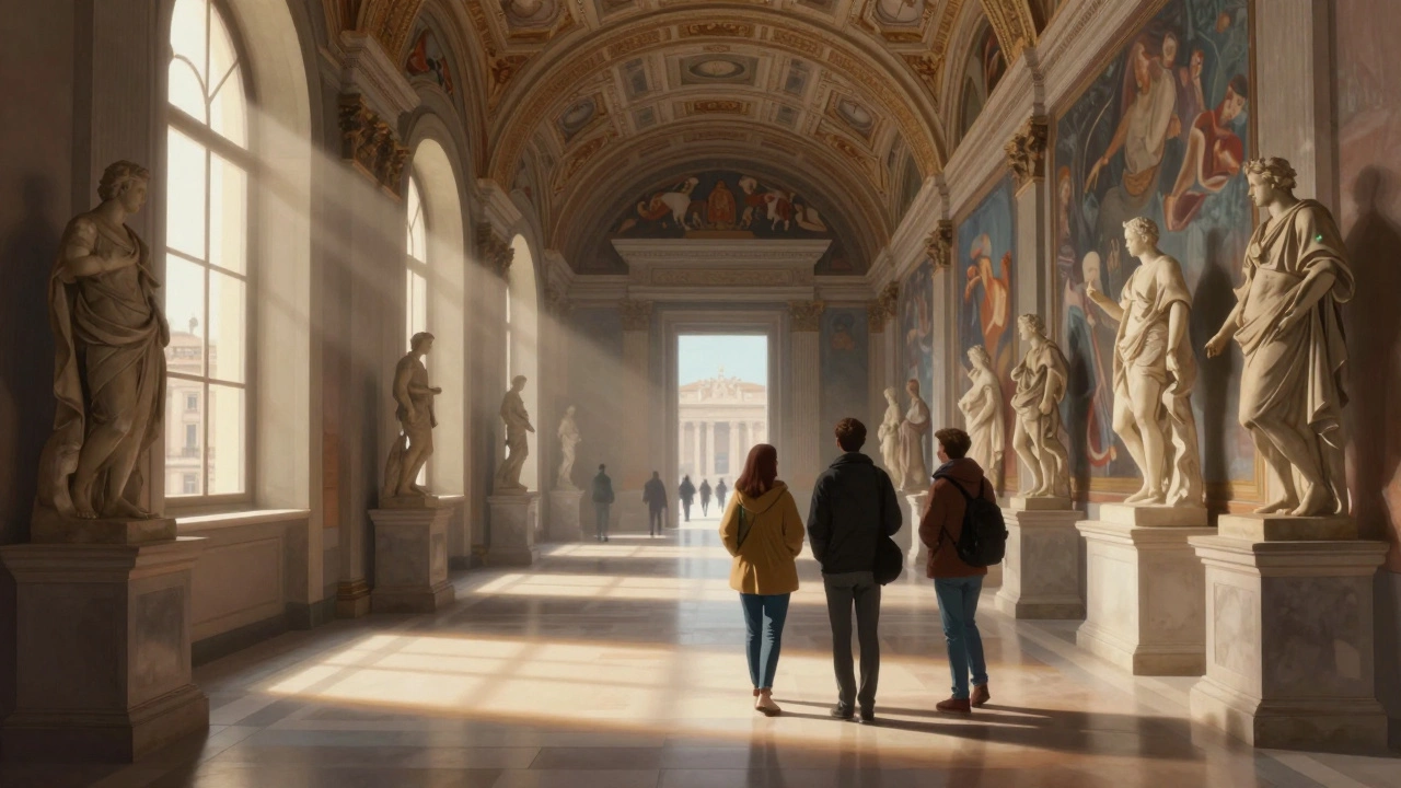 Two tourists explore the Vatican Museums early in the morning, surrounded by ancient art in quiet, sunlit halls.