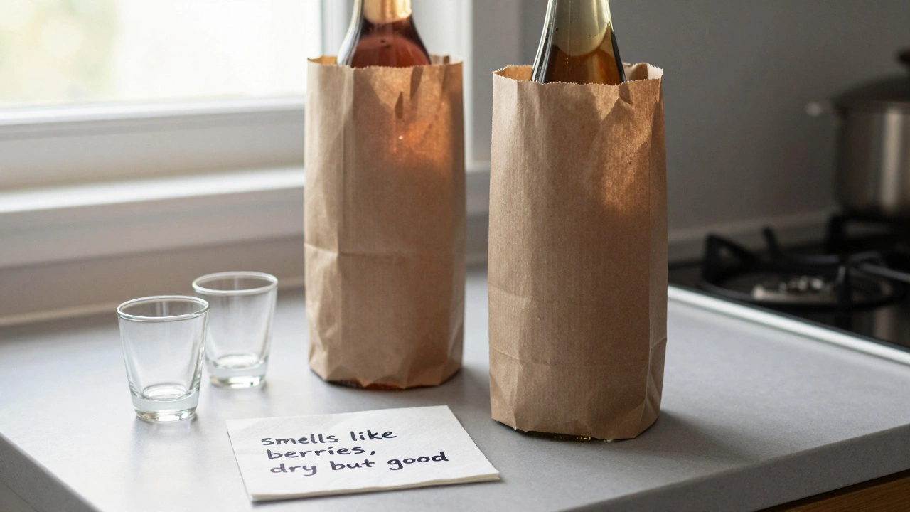 Two unmarked wine bottles and glasses on a counter with a handwritten tasting note.
