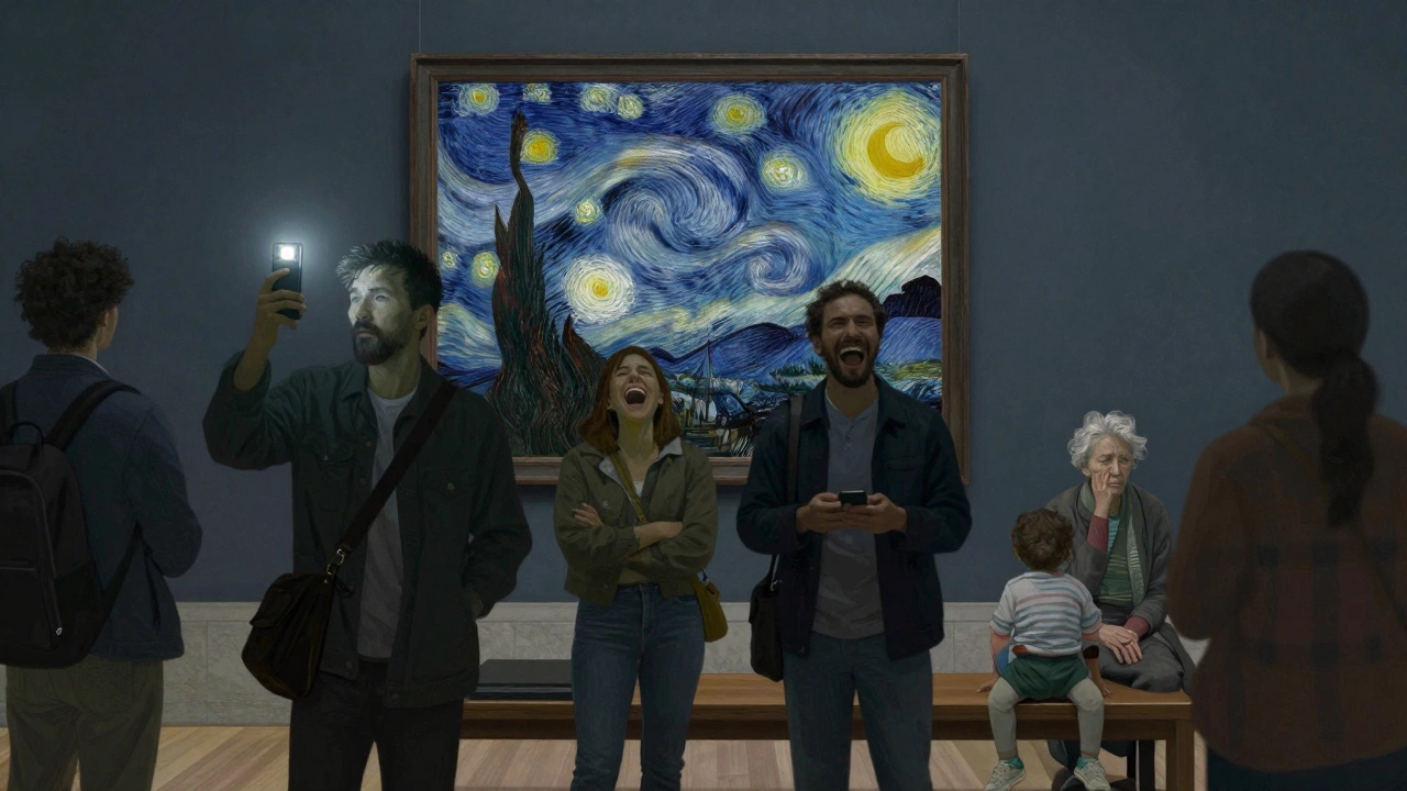 A crowded gallery blocking the view of 'Starry Night', with flash photography and loud behavior disrupting the space.