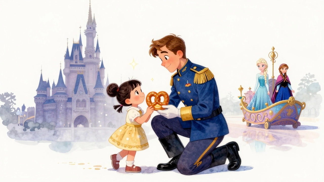 A Disney cast member smiling with a child holding a Mickey pretzel, castle in background.