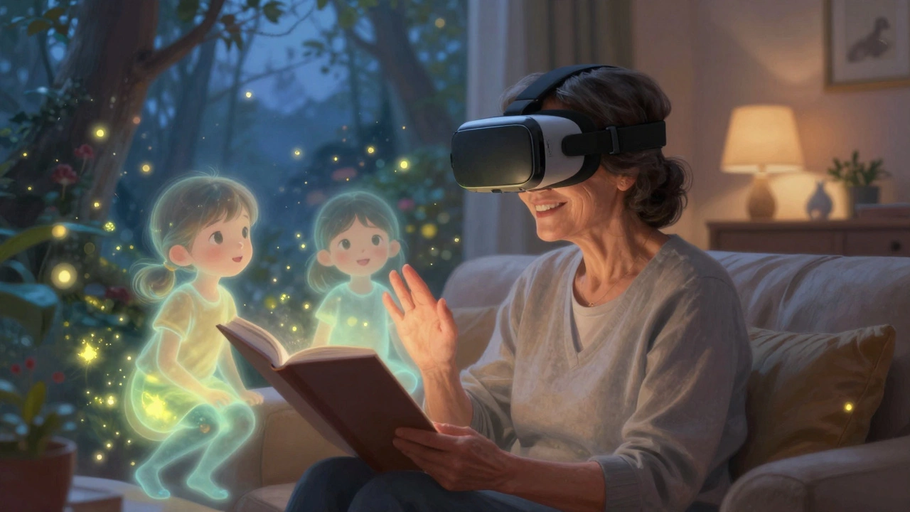 A grandmother reading bedtime stories to her grandchildren in a magical virtual forest.
