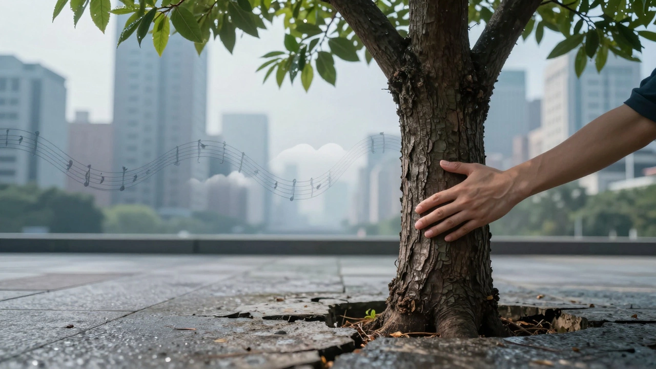 A hand touching a tree growing through pavement, symbolizing nature's presence in urban spaces.