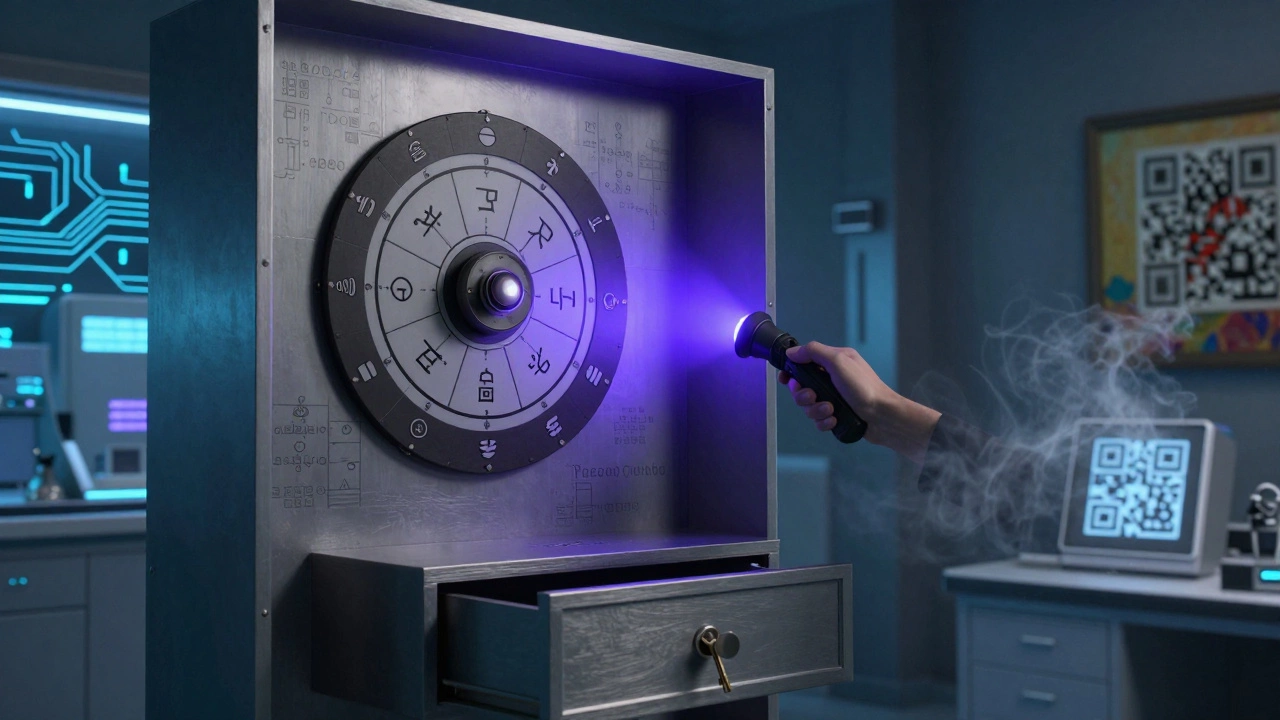 A high-tech puzzle station with UV light, symbol wheel, and hidden QR code.