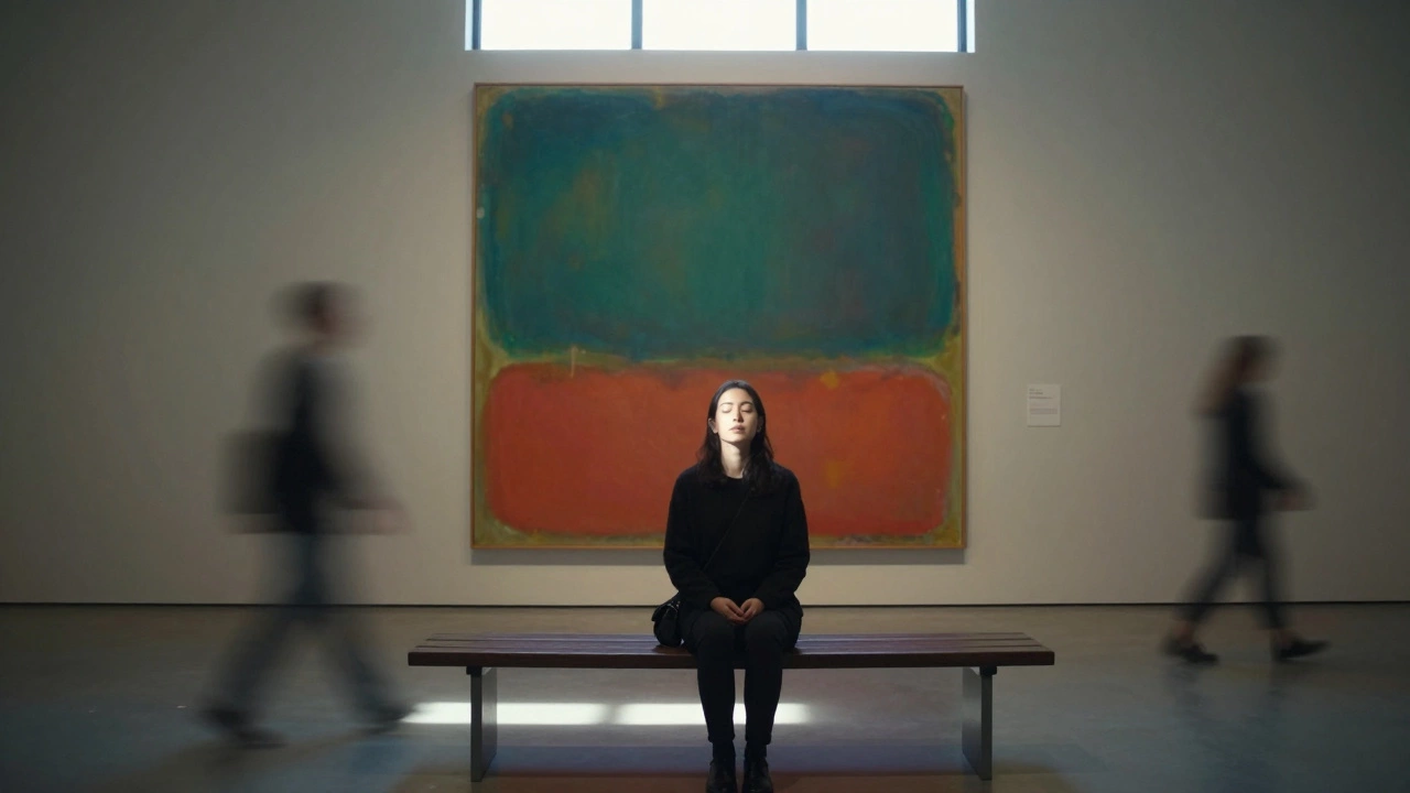 A person sitting peacefully in front of a Rothko painting, bathed in natural light, surrounded by emptiness.
