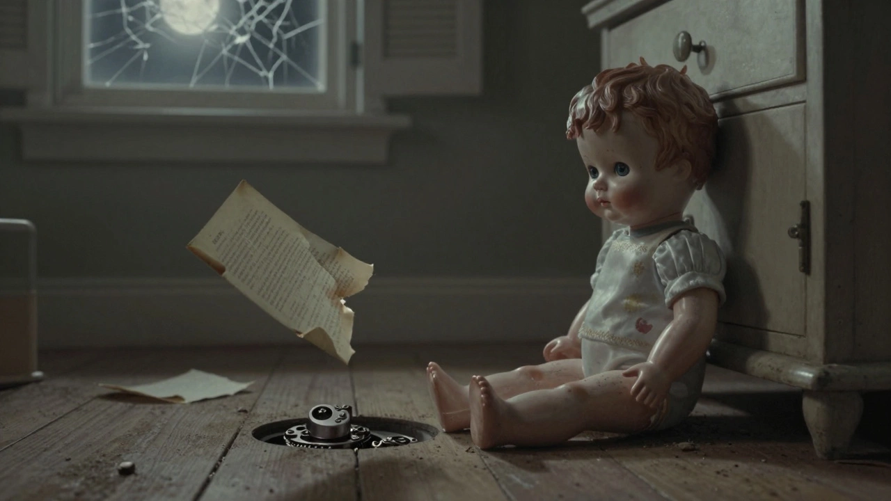 A porcelain doll’s head slowly turns on a nursery floor as torn diary pages float nearby in moonlight.