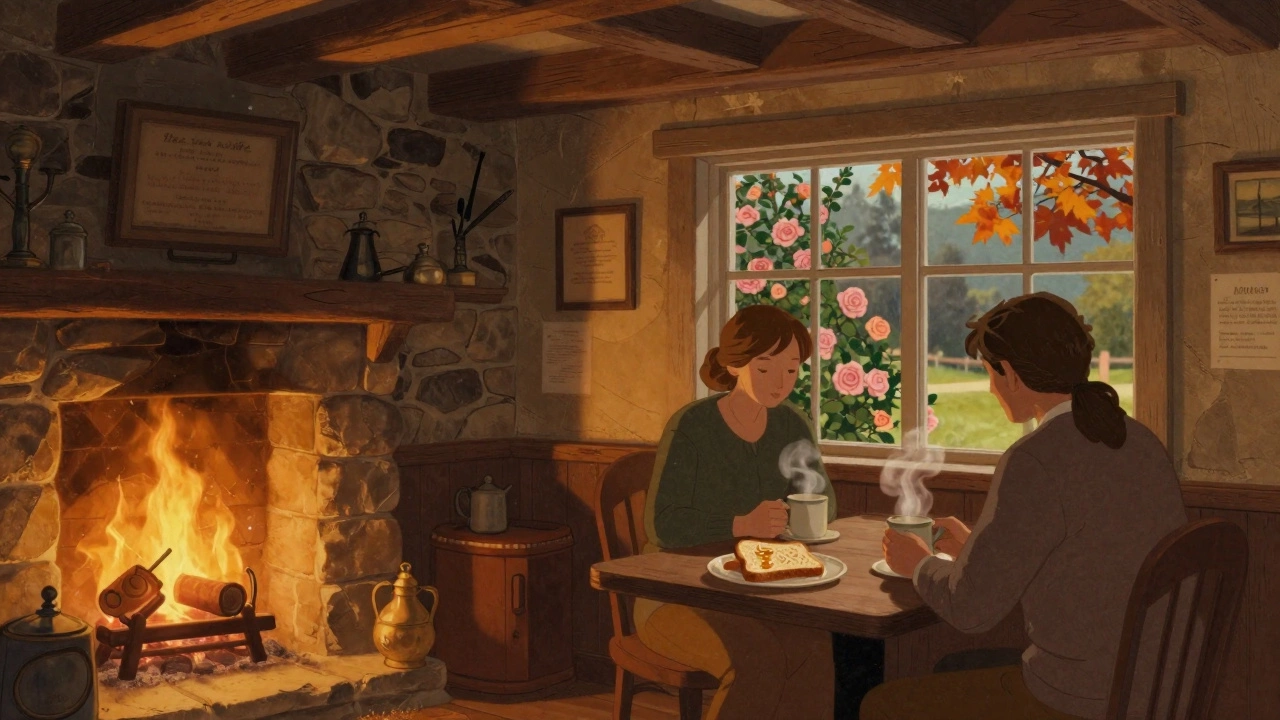 Cozy stone pub interior in Bowral with firelight and couple at table