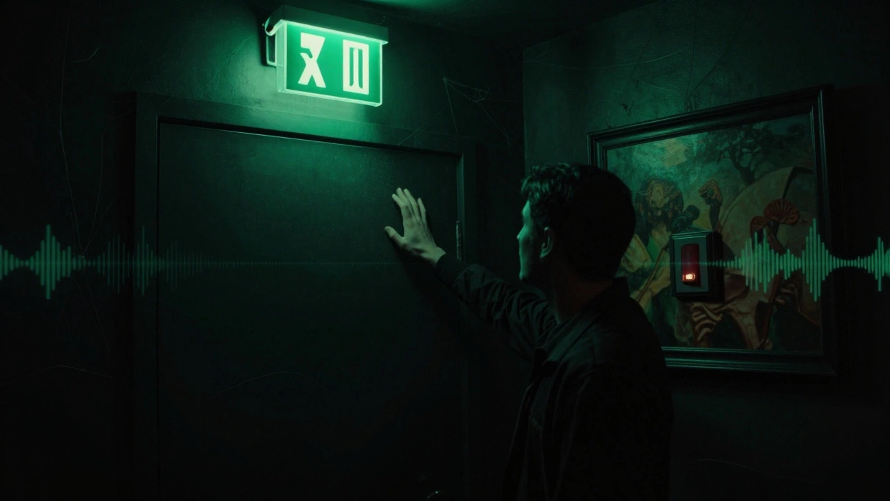 Glowing emergency exit sign and hidden panic button in a dark escape room, symbolizing safety.