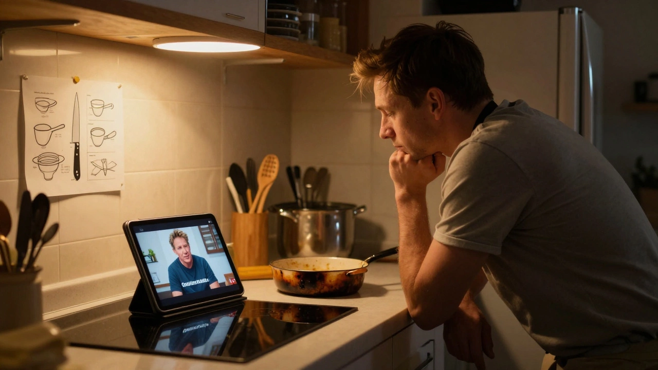 Home cook watching Gordon Ramsay's MasterClass on a tablet, burnt pan nearby, kitchen at dusk.