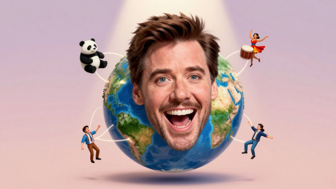 Jim Carrey's face transforming into a globe with people from around the world laughing beneath him.