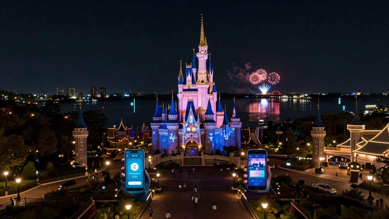 Magic Kingdom at night with glowing paths, holographic app displays, and castle projections.