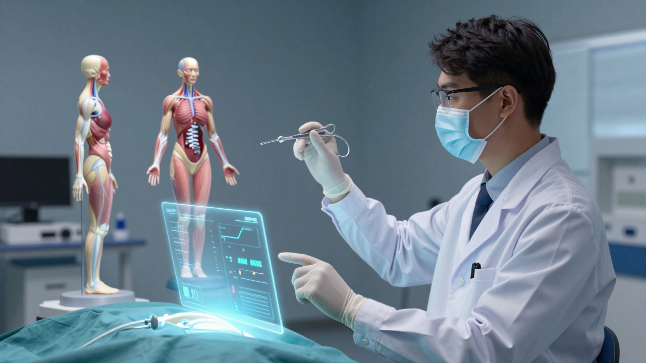 Medical student practicing surgery using holographic 3D anatomy models in a virtual training environment.